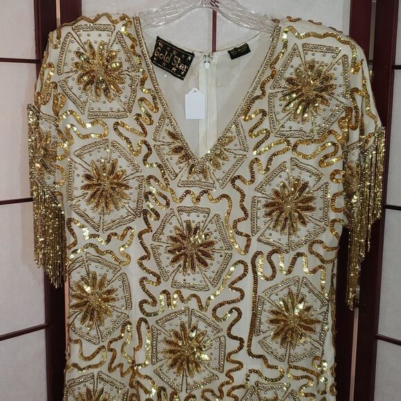 Gold Star Fringed Sequined Beaded Silk Cocktail Formal Dress - Picture 2 of 11